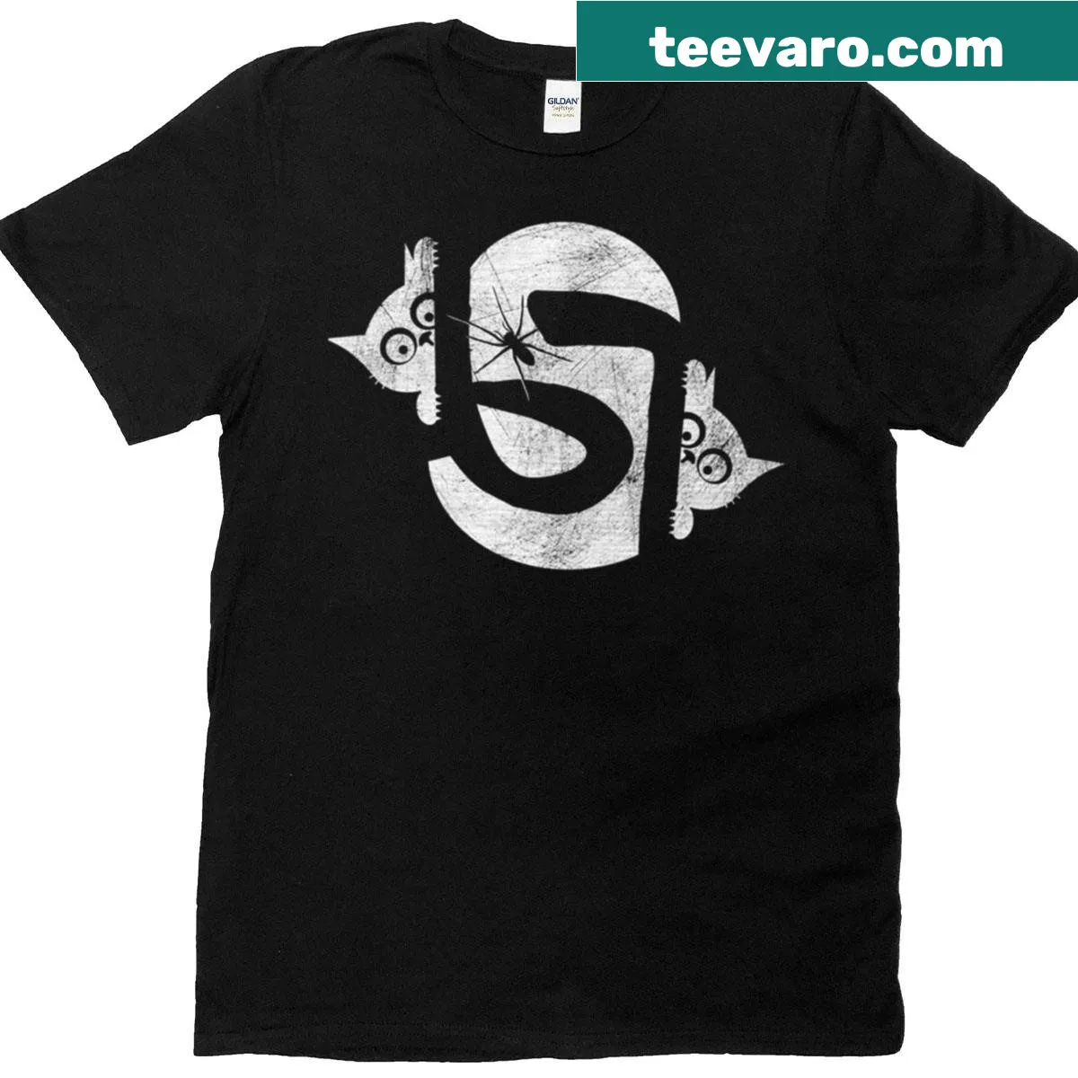 Optical illusion design of two cats in negative space — on a men's t-shirt