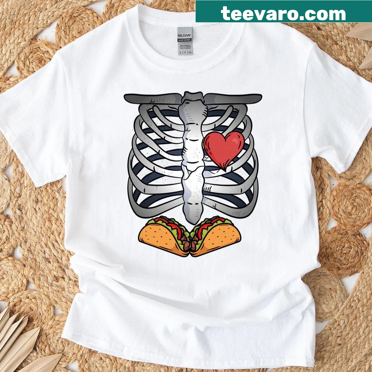Funny skeleton and taco graphic on Halloween T-shirt — on a men's t-shirt