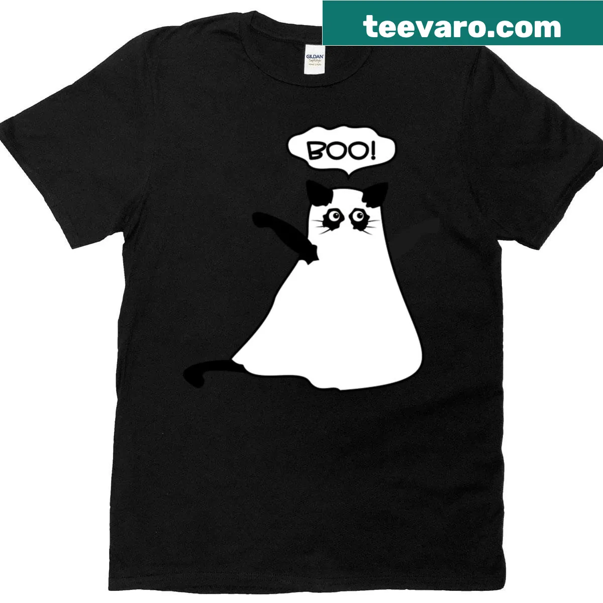 Cartoon ghost cat design with the word 'Boo!' for Halloween. — on a men's t-shirt