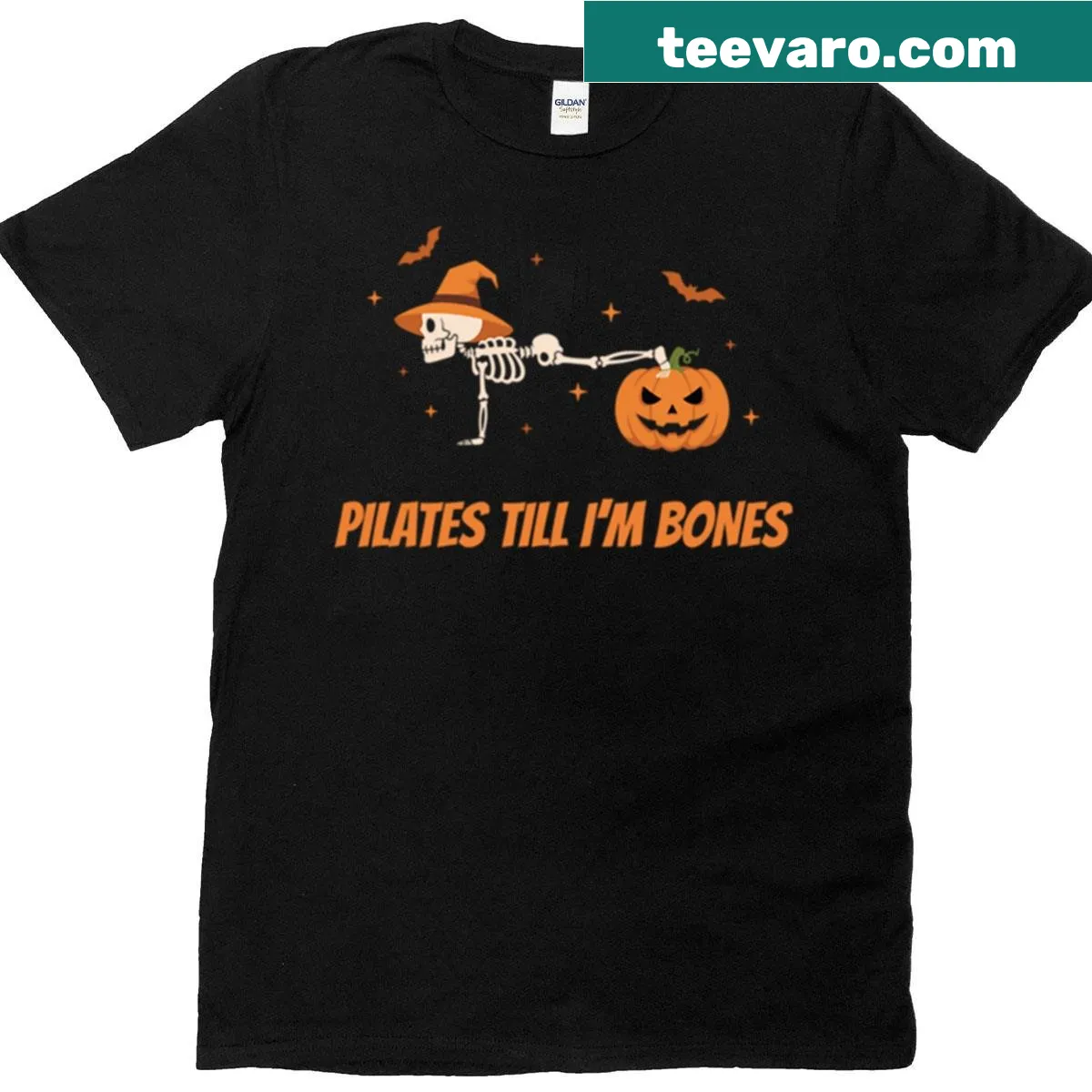 Funny Halloween t-shirt with skeleton doing Pilates and 'Pilates Till I'm Bones' text — on a men's t-shirt