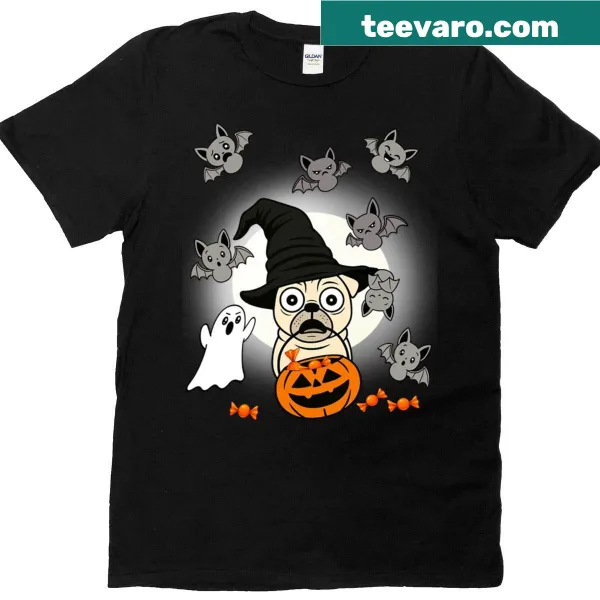 Cute pugs as ghosts with bats and full moon for Halloween.