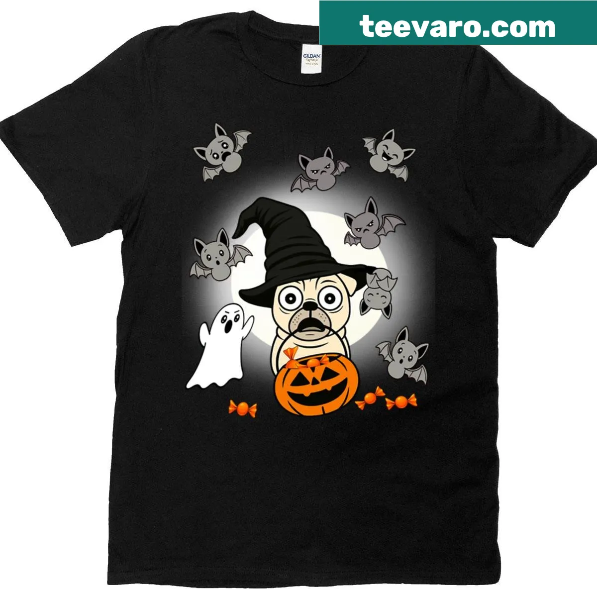 Cute pugs as ghosts with bats and full moon for Halloween. — on a men's t-shirt