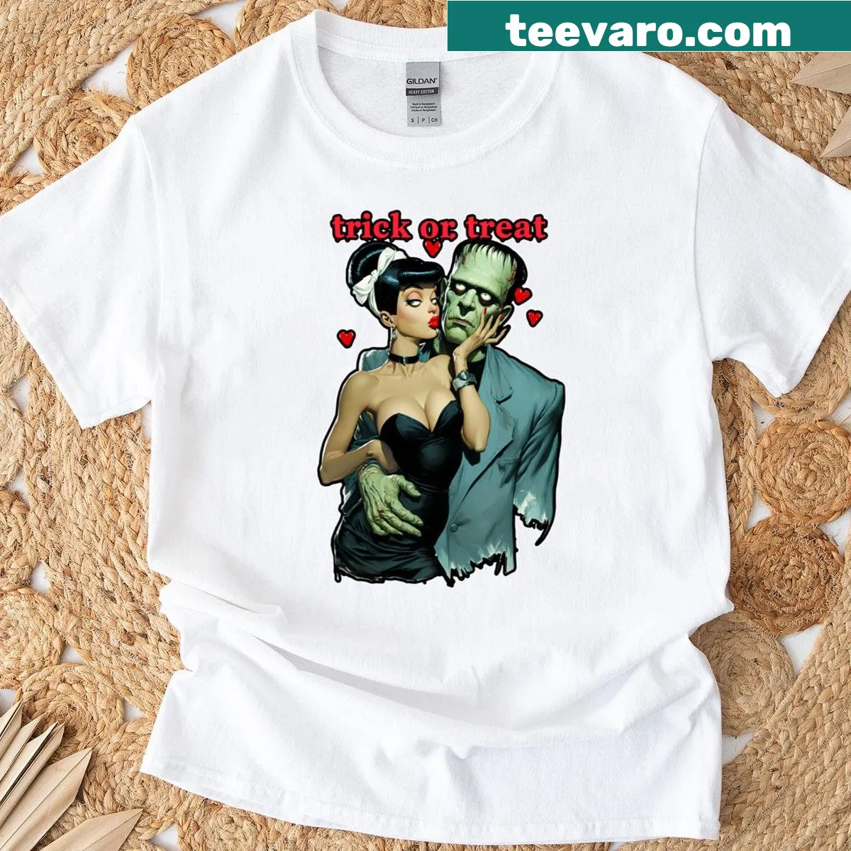 Romantic t-shirt featuring Frankenstein and his wife with heart graphic — on a men's t-shirt