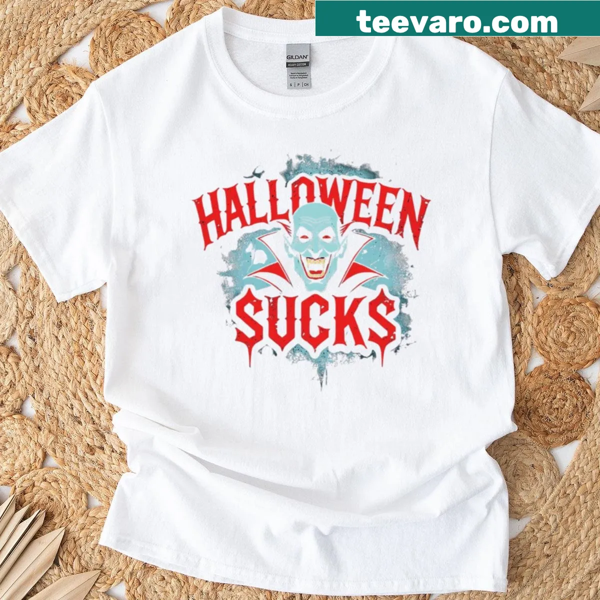 Vintage vampire graphic Halloween t-shirt with humorous text — on a men's t-shirt
