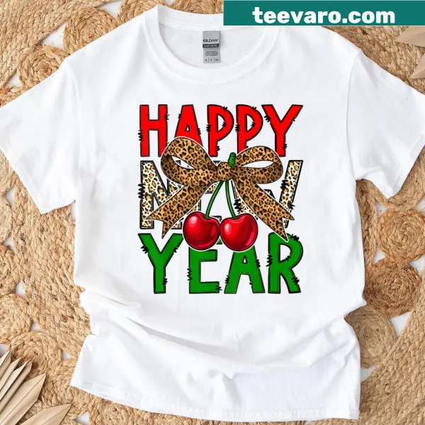 Happy New Year 2026 T-shirt with cherries, leopard print, and bow