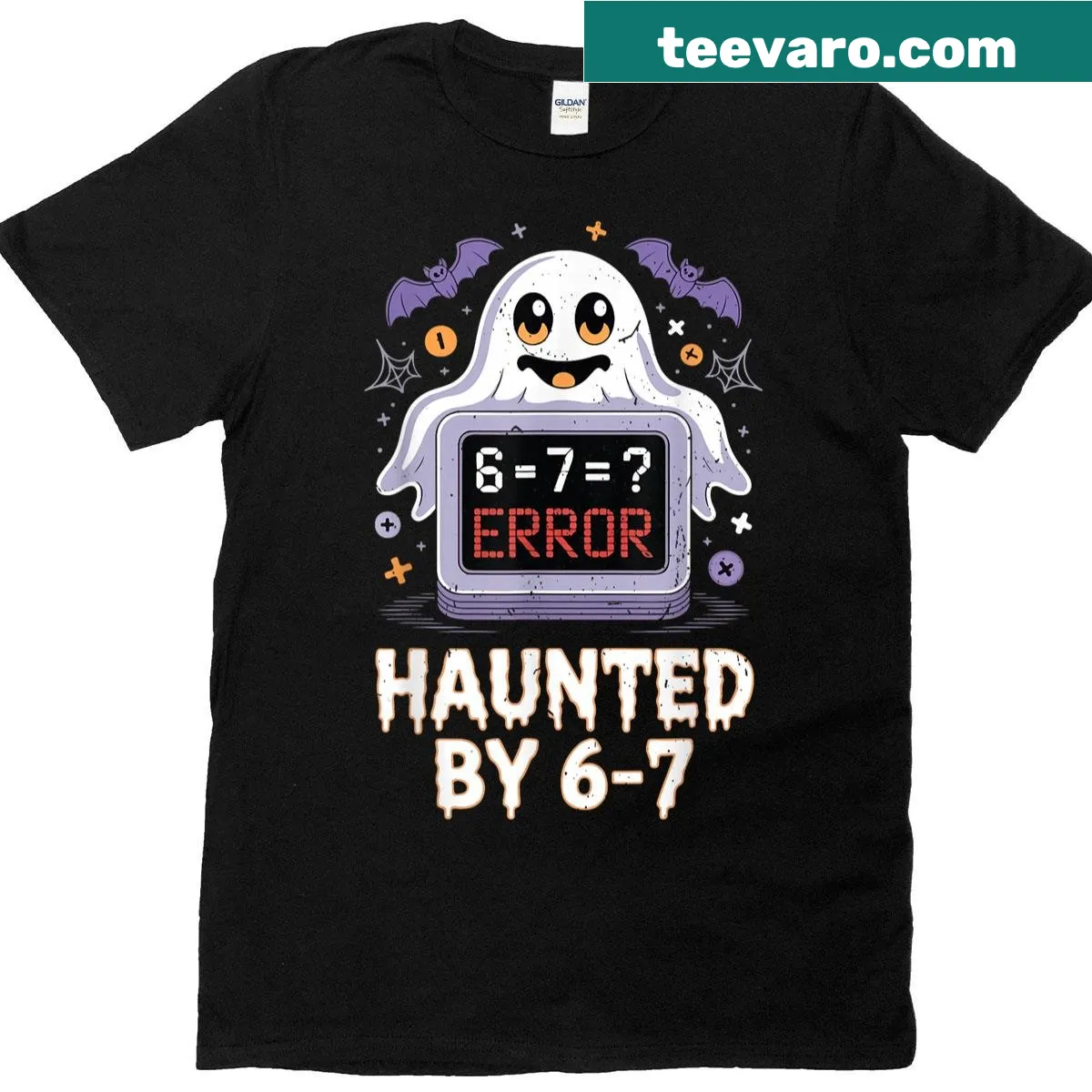 Halloween t-shirt with ghost calculator and 'Haunted 67' text for math lovers — on a men's t-shirt