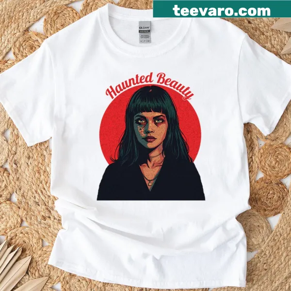 Whimsical Halloween-themed t-shirt with illustrated haunting elements