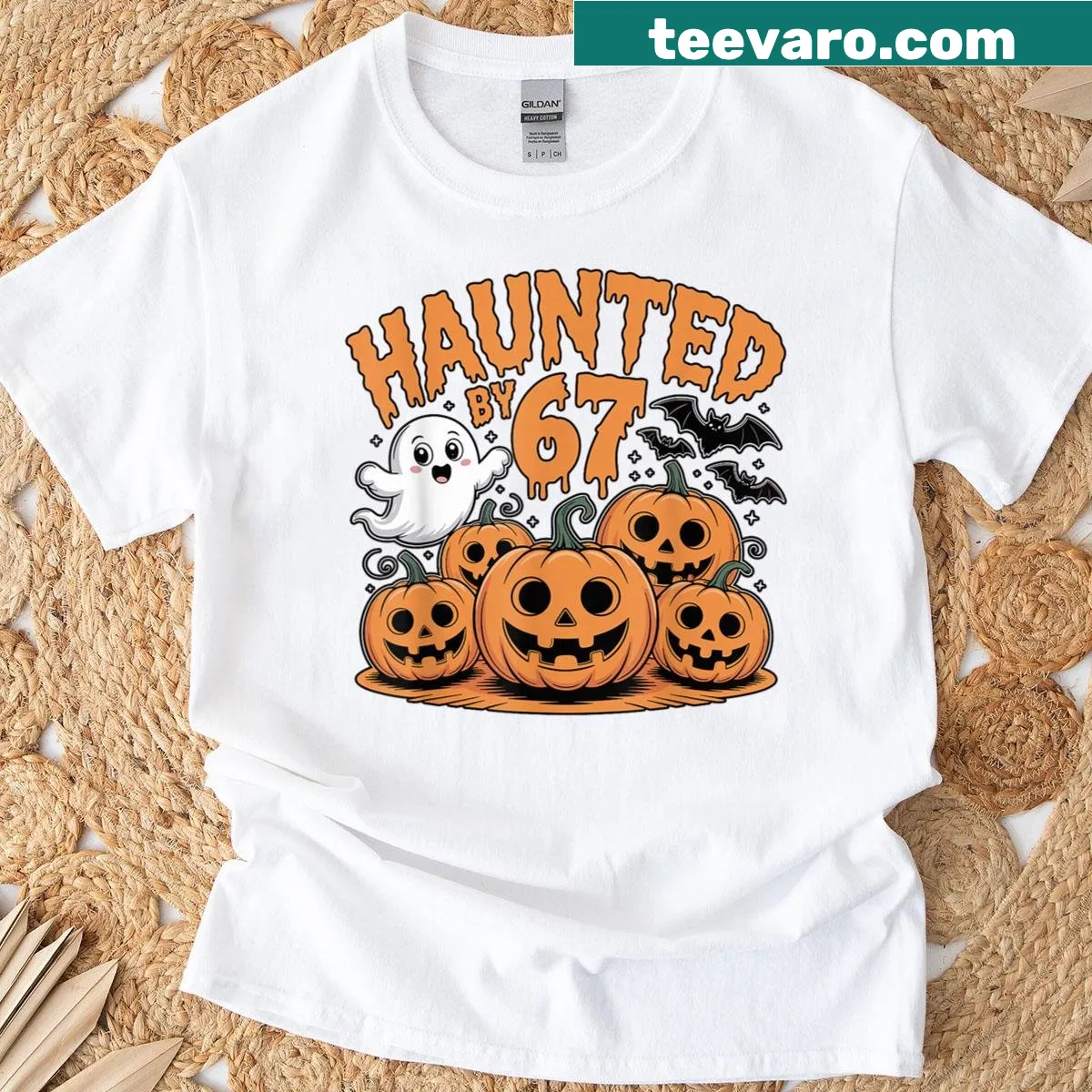 Funny Halloween shirt featuring ghosts and pumpkins in a vintage style — on a men's t-shirt