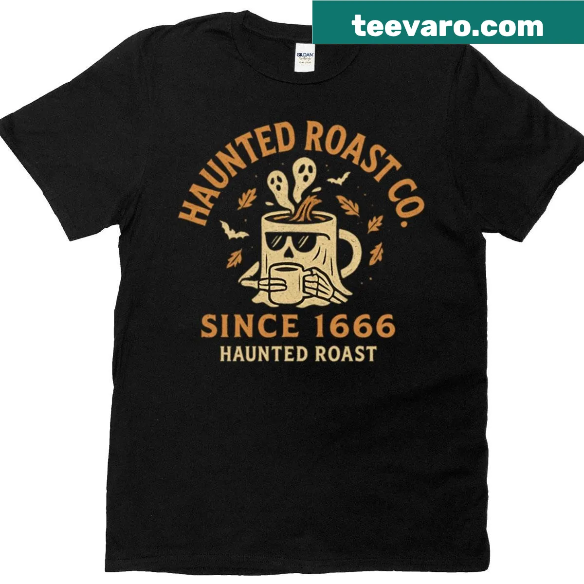 Funny Halloween t-shirt with coffee ghost and 'Haunted Roast Co' design — on a men's t-shirt