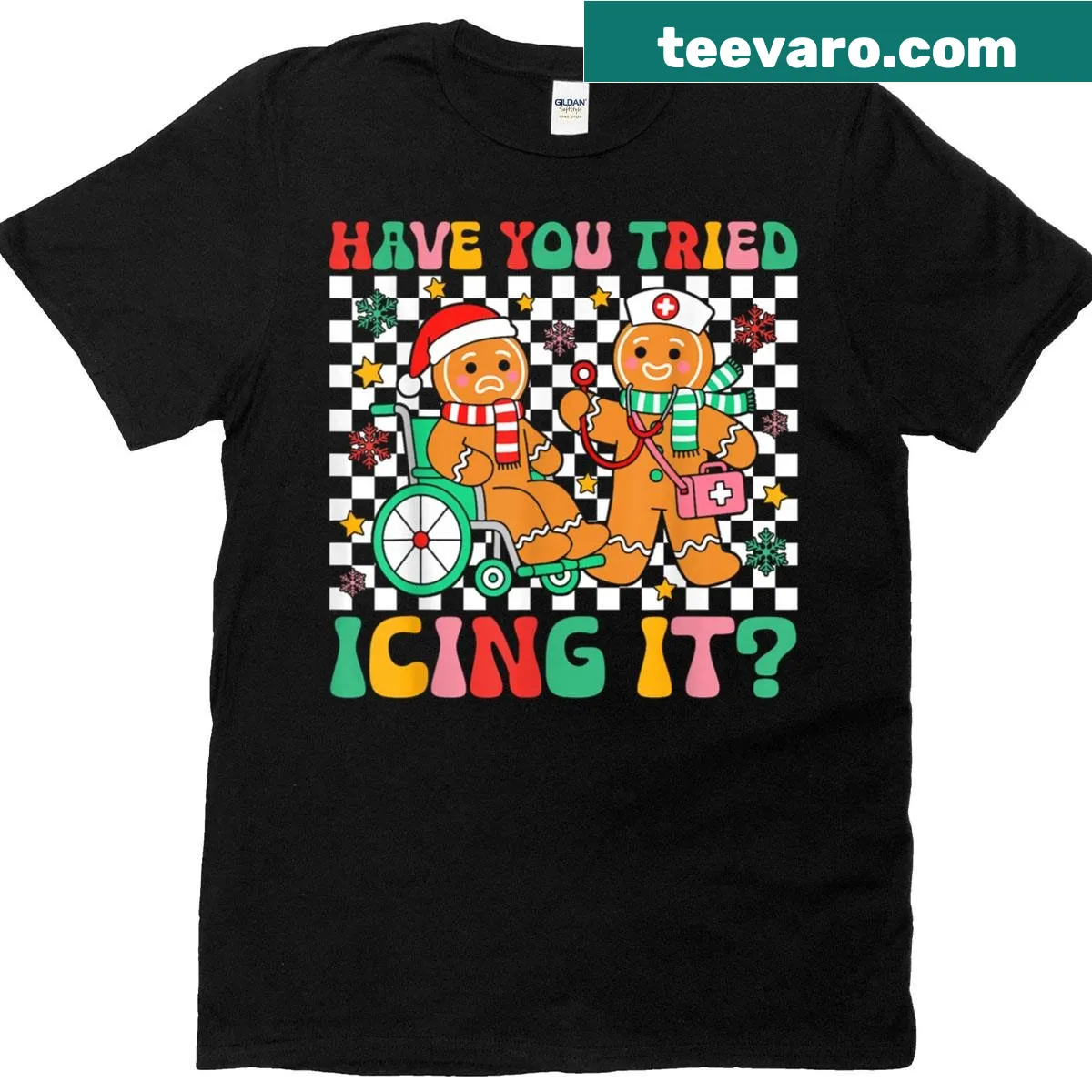 Funny Christmas nurse shirt with gingerbread graphic and text — on a men's t-shirt