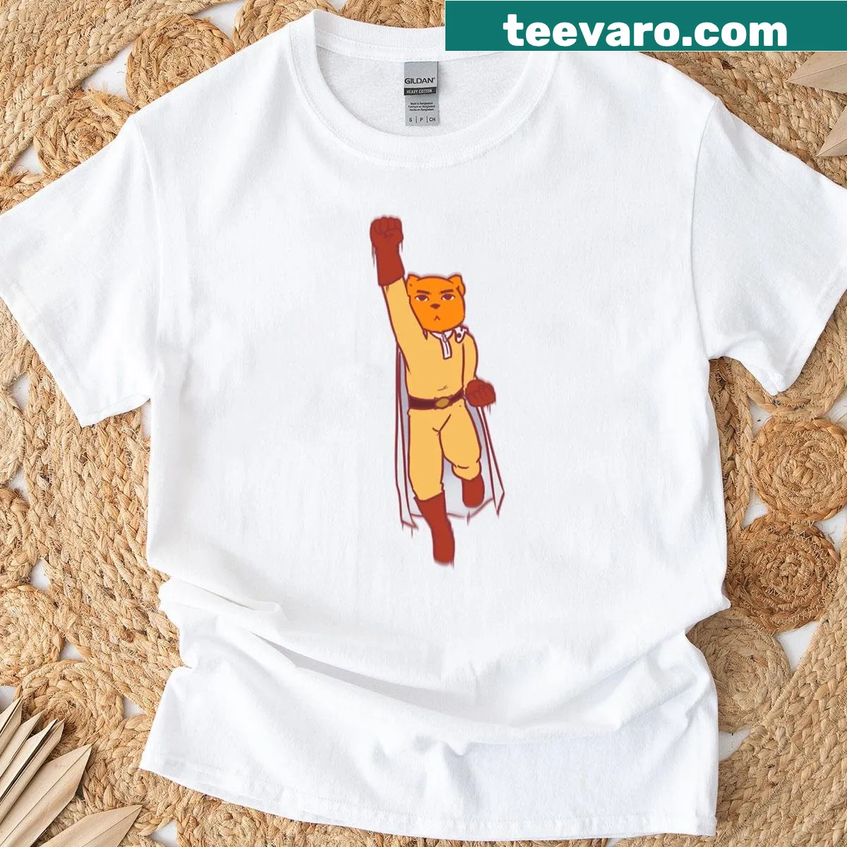 Cartoon bear-punch man crossover graphic T-shirt — on a men's t-shirt