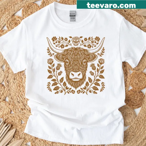 Highland cow graphic T-shirt in vintage linocut style