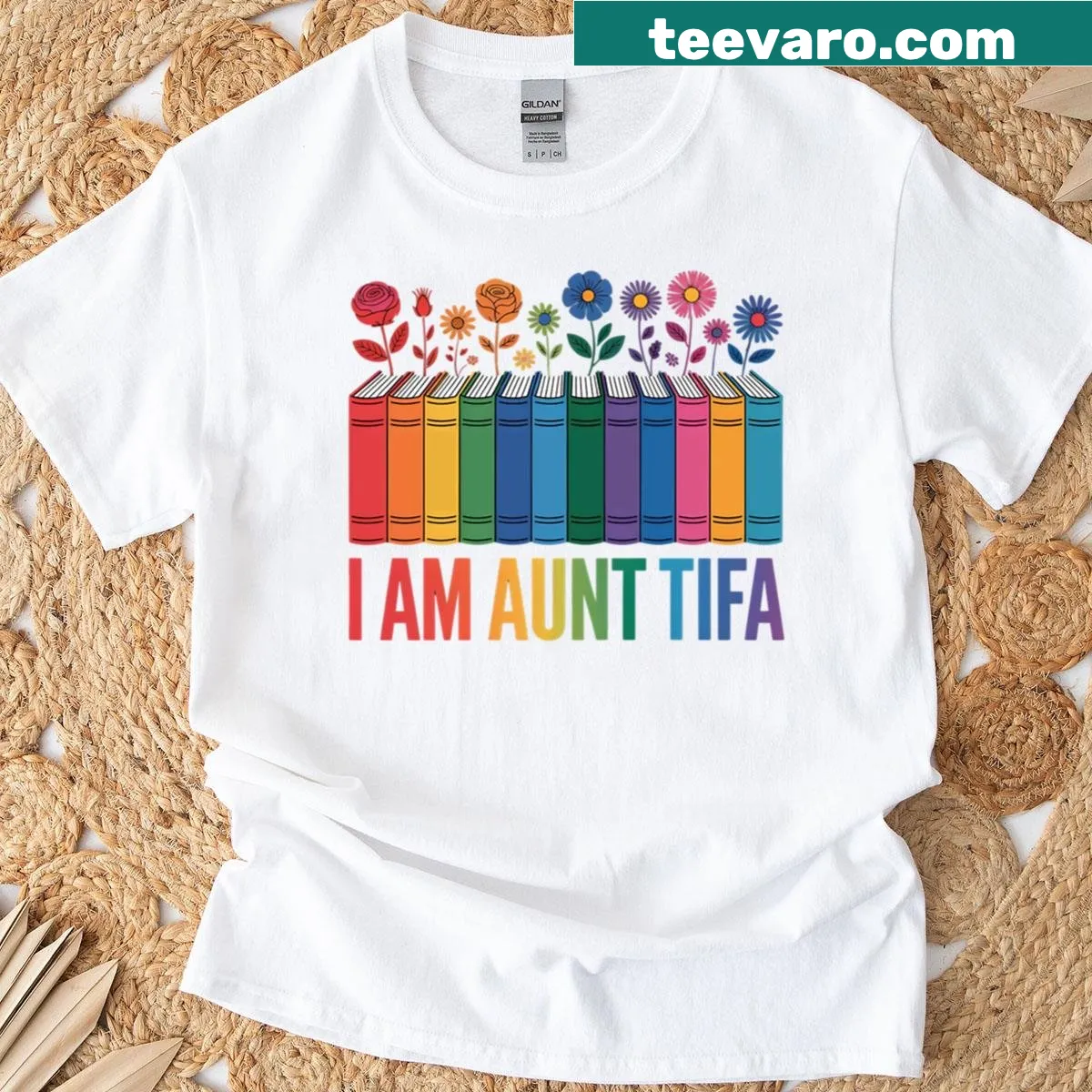 Floral Aunt Tifa human rights t-shirt with bold messaging — on a men's t-shirt