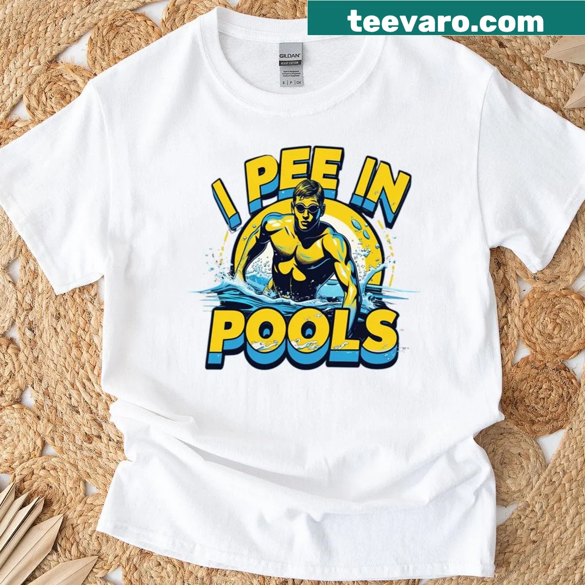 Oversized T-shirt featuring the phrase 'I Pee In Pools' in edgy typography — on a men's t-shirt