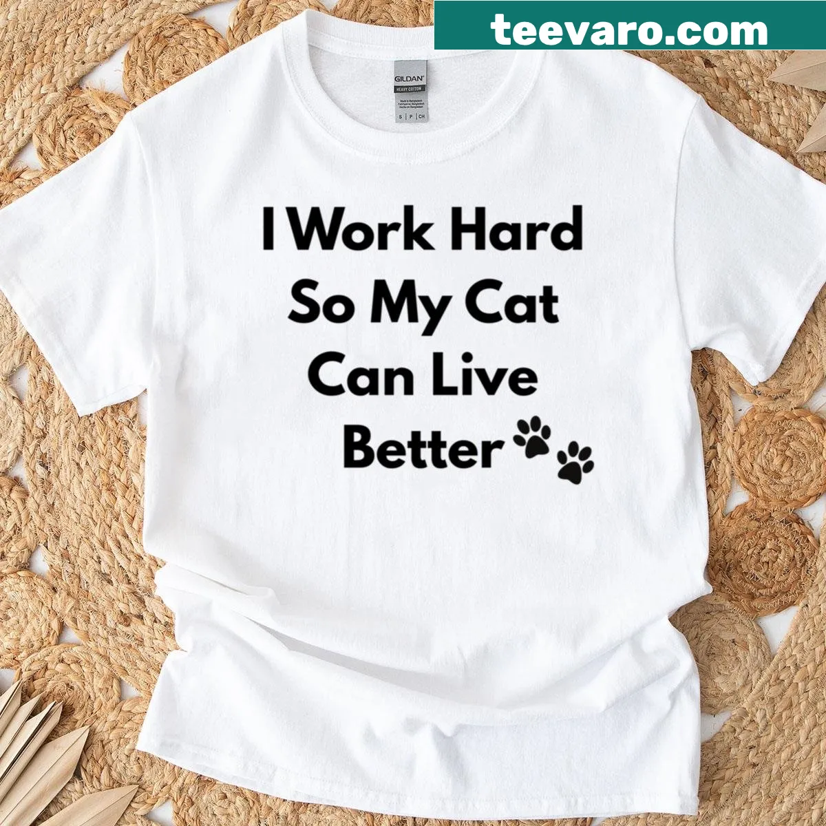 Funny typography t-shirt for cat parents about working hard — on a men's t-shirt