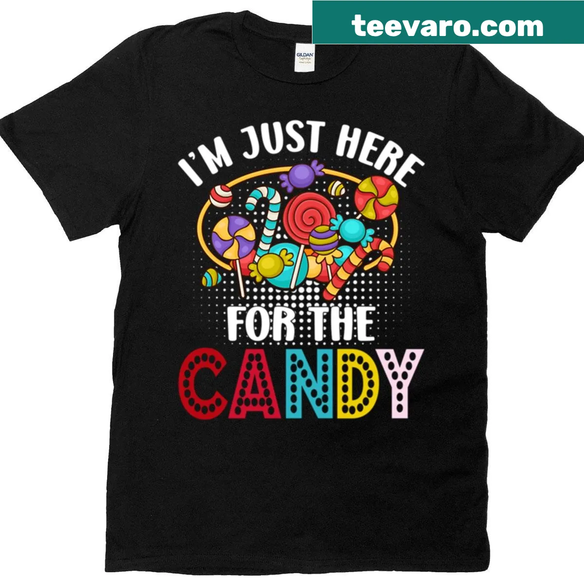 Funny Halloween t-shirt with candy-themed design — on a men's t-shirt