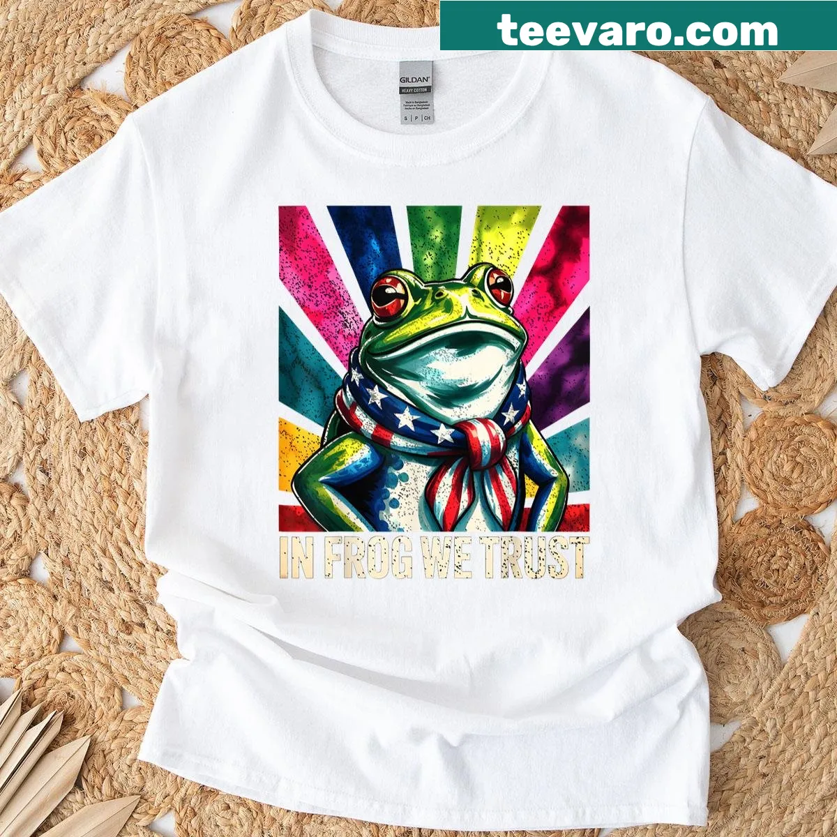 Vintage-style T-shirt featuring the phrase 'In Frog We Trust' with humor — on a men's t-shirt