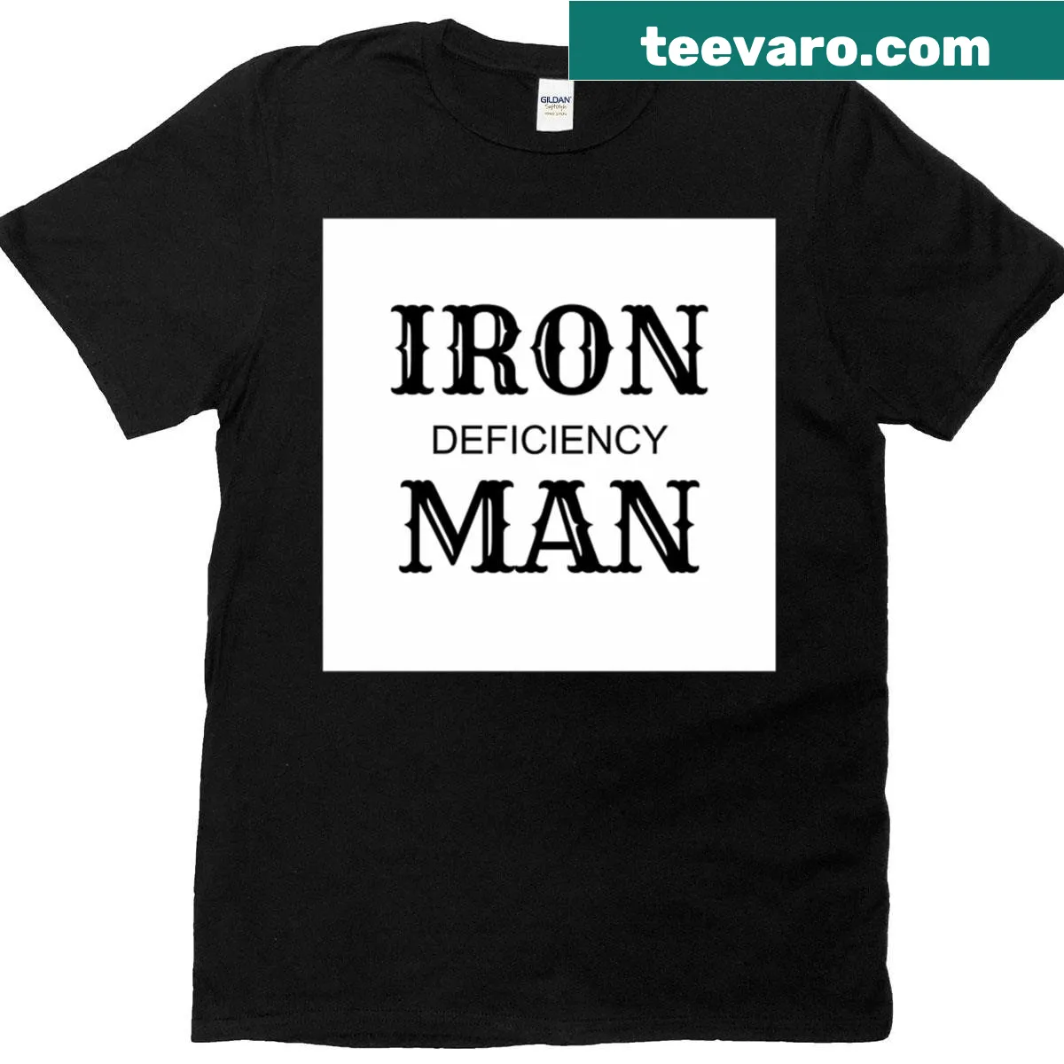 Humorous Iron Deficiency Man graphic T-shirt for men — on a men's t-shirt
