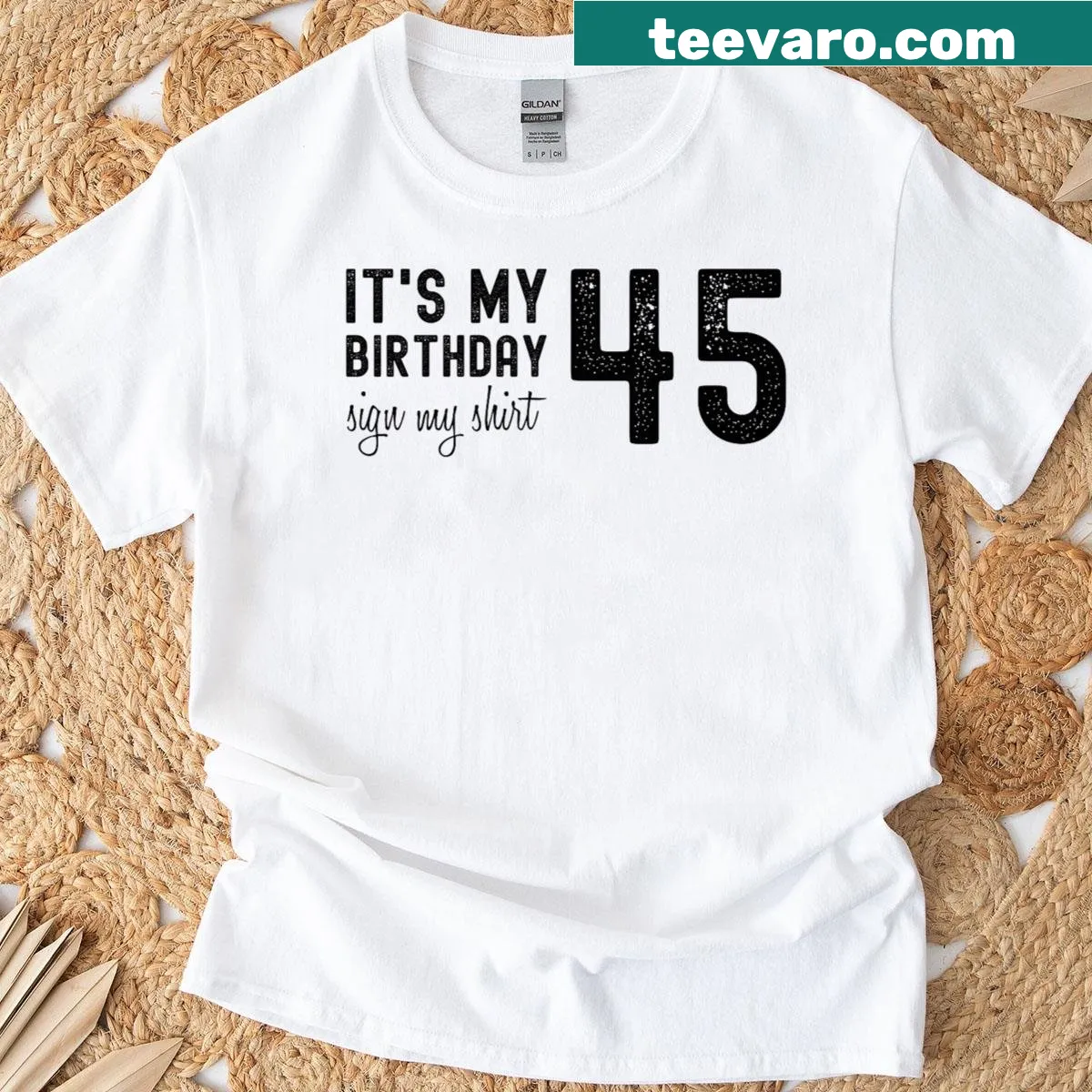 Fun birthday shirt marking 45 years with playful typography — on a men's t-shirt