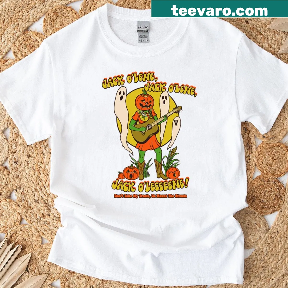 Playful cartoon design T-shirt with Jack O'lene theme — on a men's t-shirt