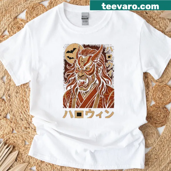 Intricate graphic t-shirt featuring a Japanese Oni mask