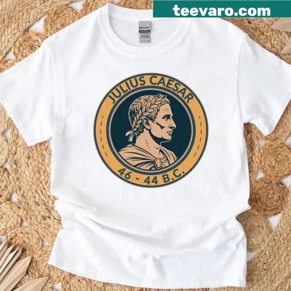 T-shirt featuring a badge illustration of Julius Caesar from the Roman Empire