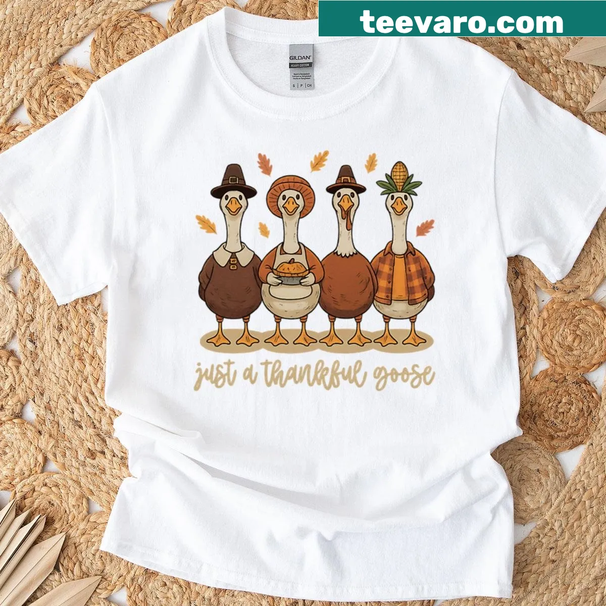Cartoon thankful goose t-shirt with humorous Friendsgiving text — on a men's t-shirt