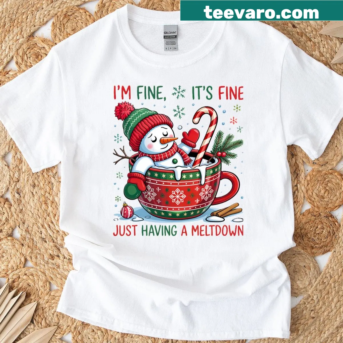 Funny oversized T-shirt with a melting snowman graphic — on a men's t-shirt