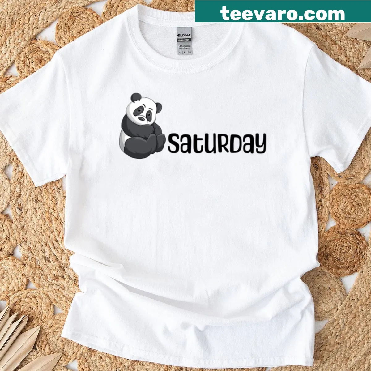 Playful lazy panda graphic on a casual Saturday t-shirt — on a men's t-shirt