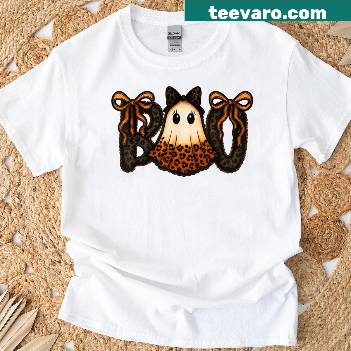 T-shirt featuring a playful ghost design with leopard print for Halloween — on a men's t-shirt