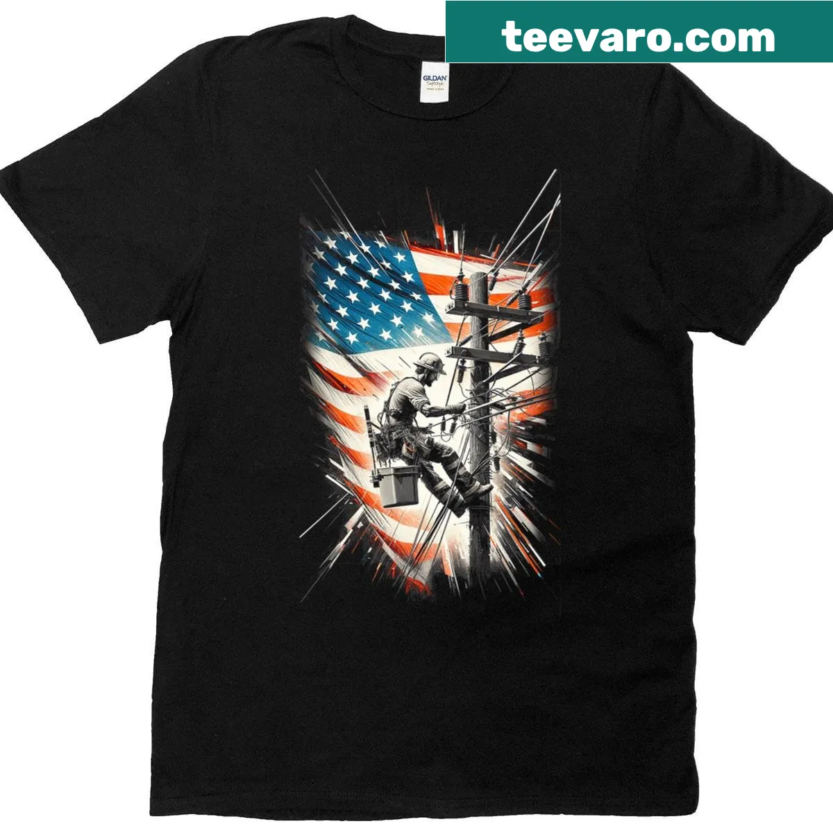 American flag with electric cables graphic on a t-shirt — on a men's t-shirt