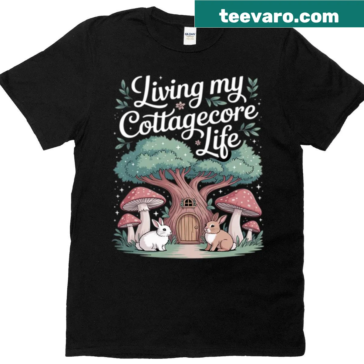 Illustrated mushroom forest design on cottagecore life t-shirt — on a men's t-shirt