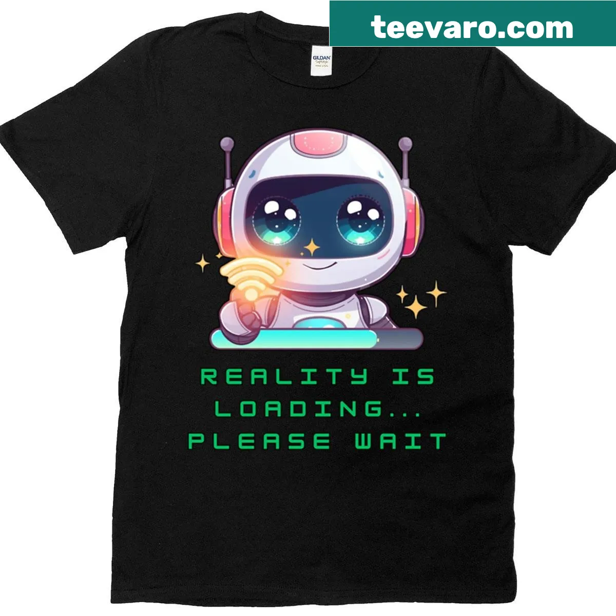 Playful robot design with 'Low Battery High Vibes' text — on a men's t-shirt