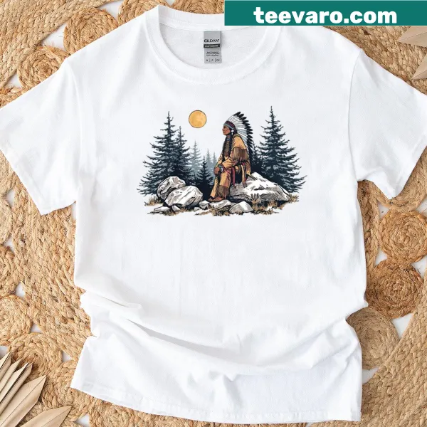 Graphic of a Native American chief under moonlight on a t-shirt