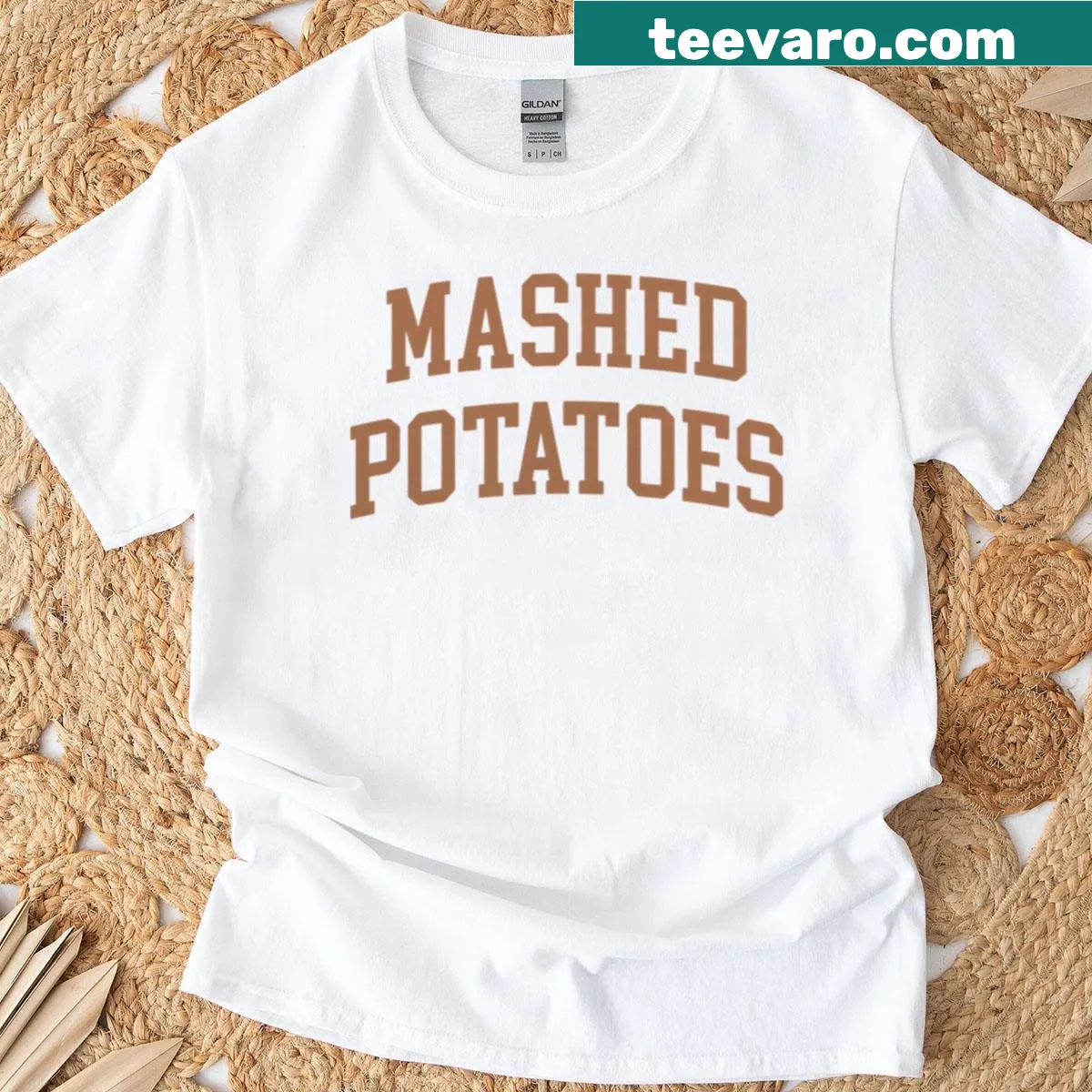 Thanksgiving-themed mashed potatoes graphic on a t-shirt. — on a men's t-shirt
