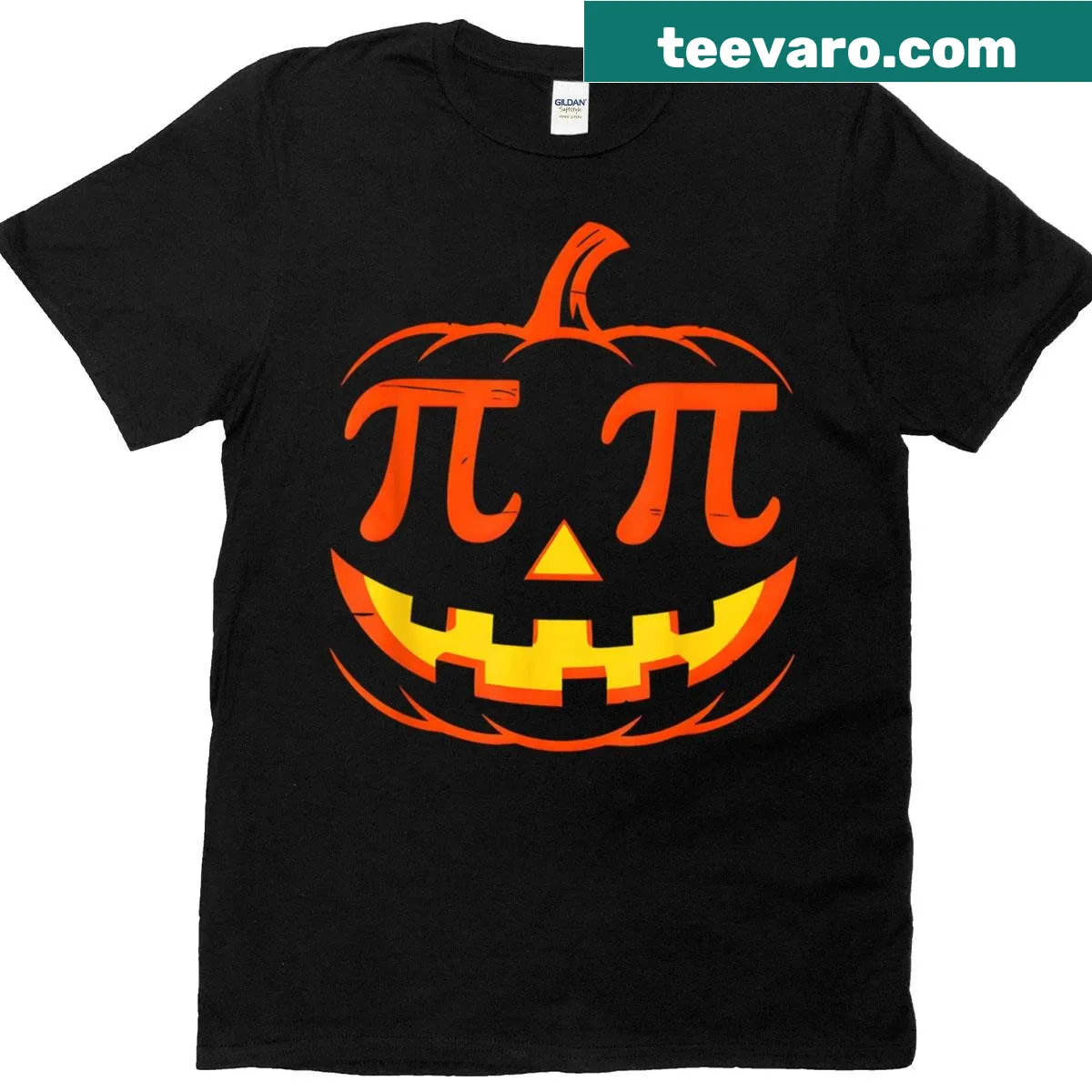 Mathematics-themed Halloween T-shirt with pumpkin pi symbol — on a men's t-shirt