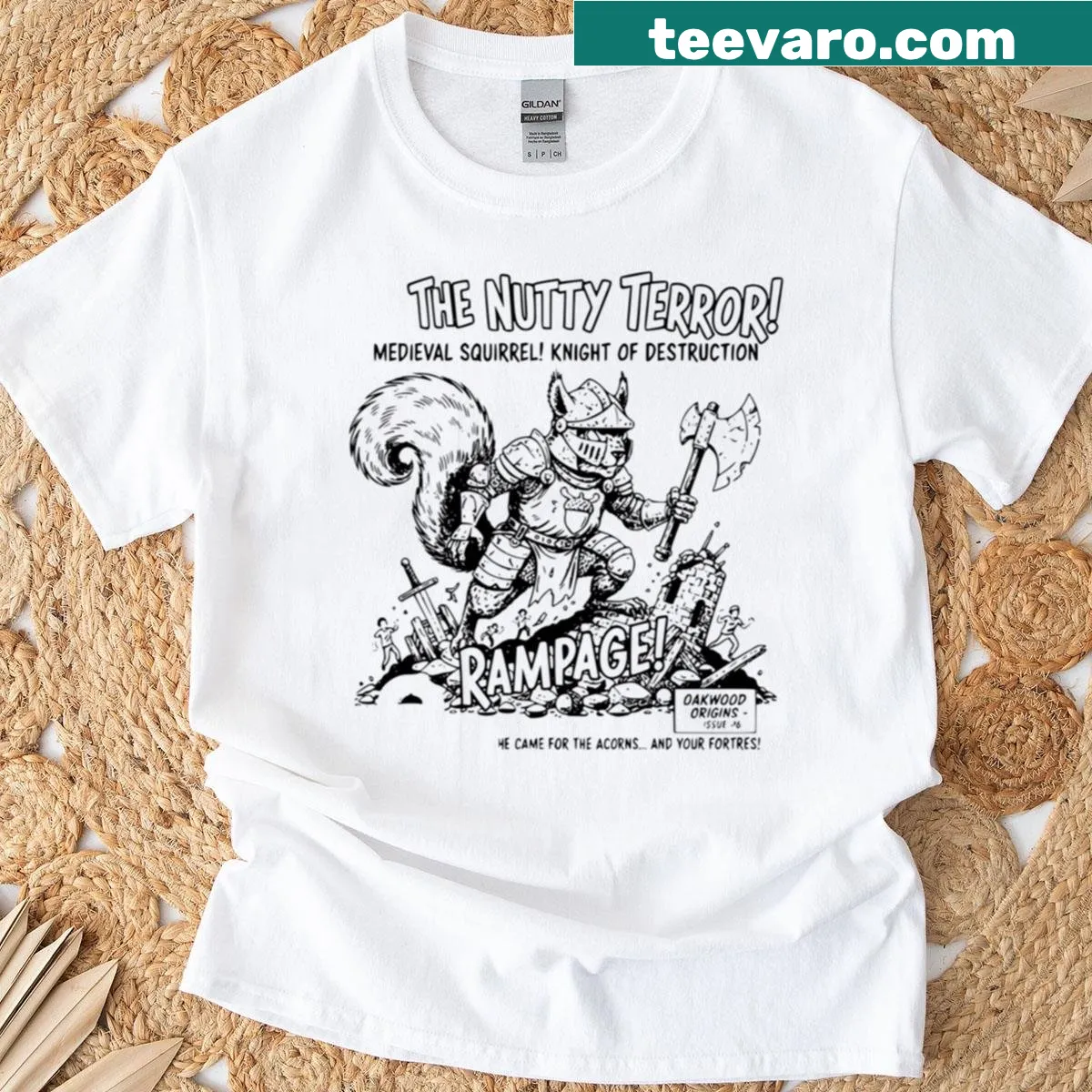 Medieval squirrel illustration on a black t-shirt — on a men's t-shirt
