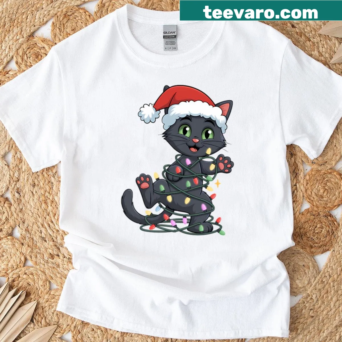 Funny holiday T-shirt with a black cat and Christmas tree design — on a men's t-shirt