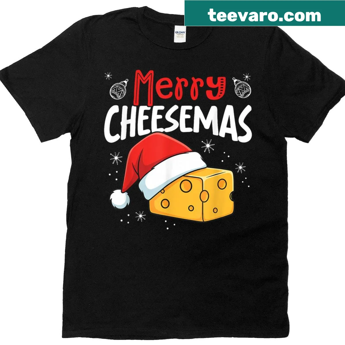 Funny Christmas t-shirt featuring illustrations of different cheeses — on a men's t-shirt