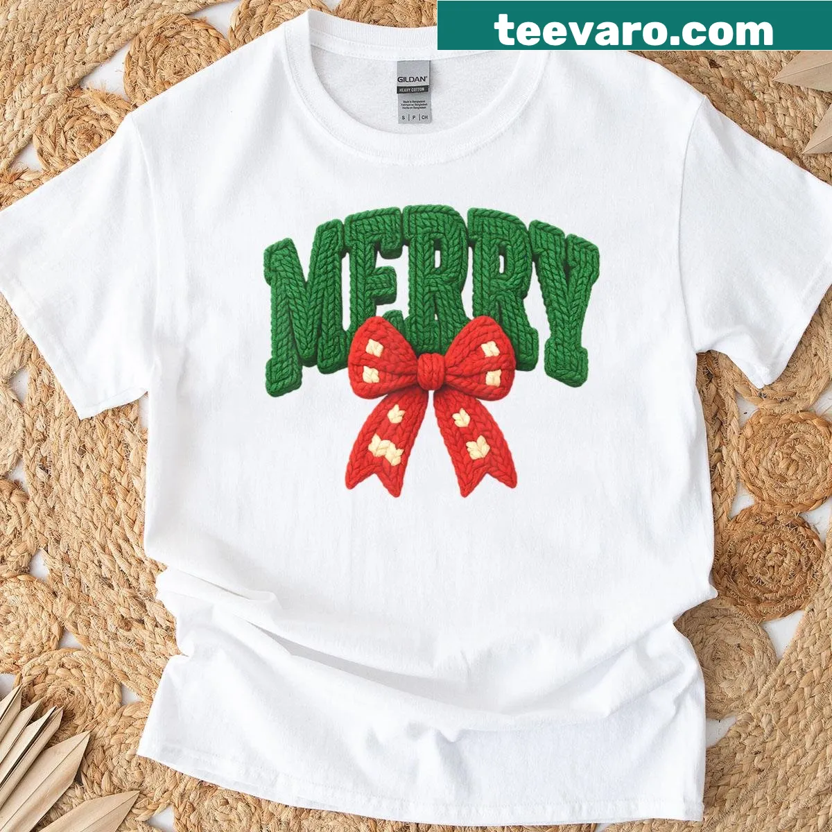 Festive Christmas T-shirt with crochet bow design — on a men's t-shirt