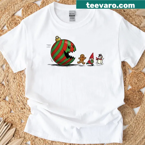 Funny Christmas gnome and ornament illustration on oversized shirt.