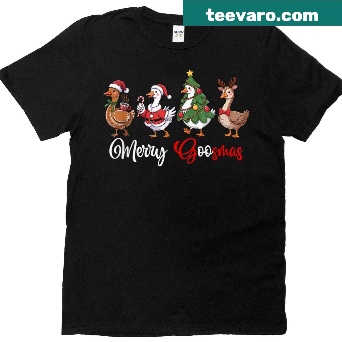 Funny Christmas shirt with a cartoon goose as Santa. — on a men's t-shirt