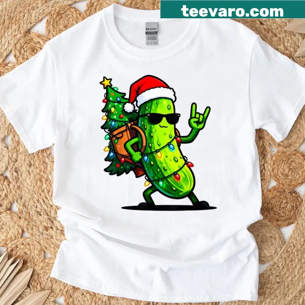 Cartoon pickle with Christmas tree for a humorous holiday shirt