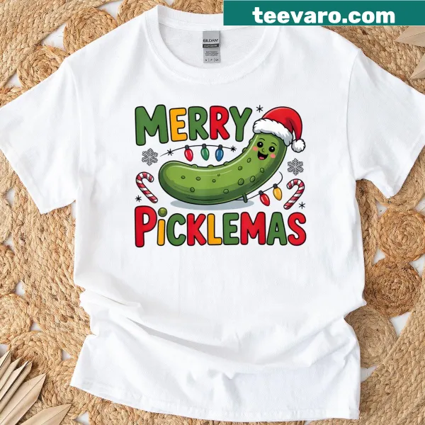 Cute pickle graphic for Picklemas on a holiday t-shirt.
