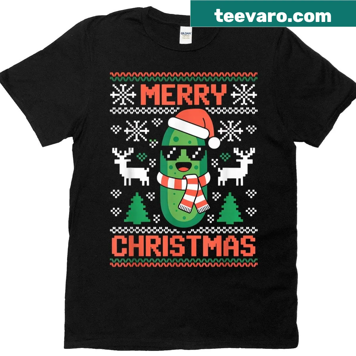 Funny cartoon design for Christmas themed 'Merry Picklemas' shirt — on a men's t-shirt