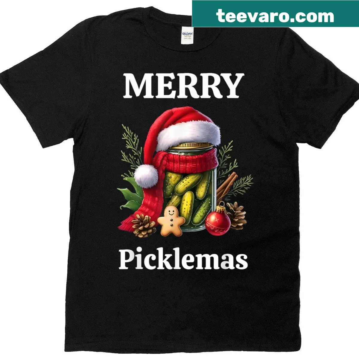 Funny Christmas t-shirt with 'Merry Picklemas' text — on a men's t-shirt