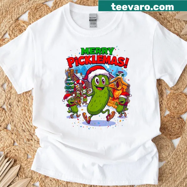 Playful pickle-themed graphic for the Merry Picklemas tee.