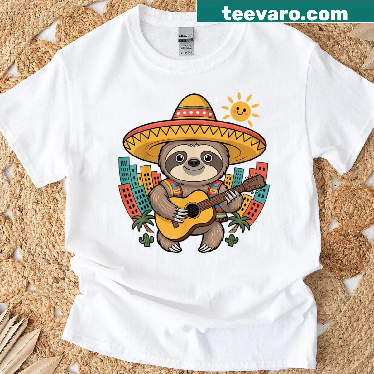 Cute T-shirt featuring a sloth in a sombrero playing guitar — on a men's t-shirt