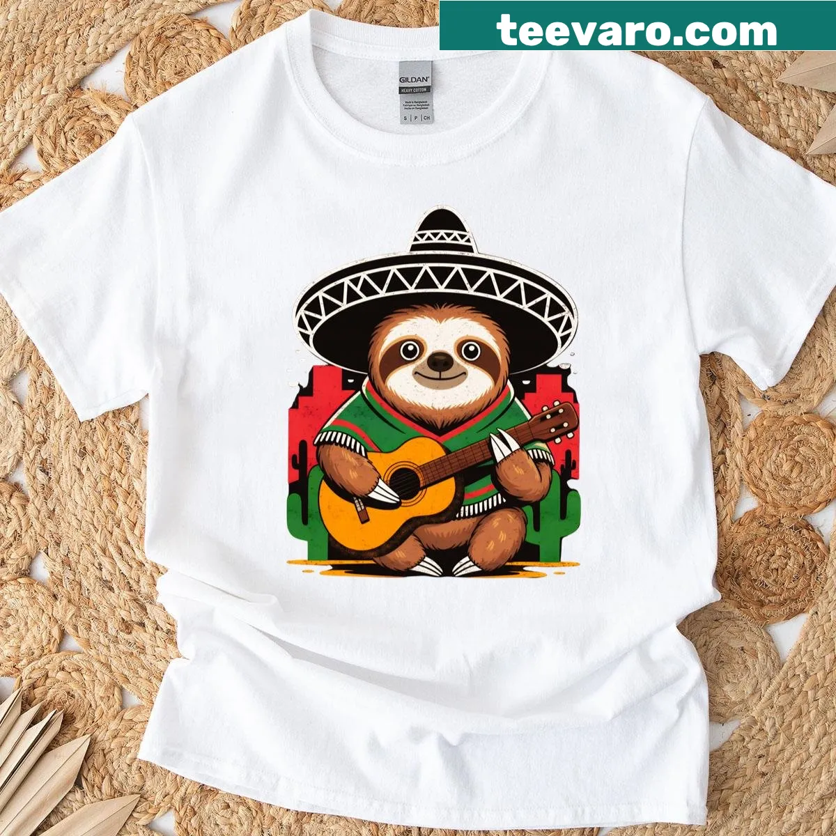 Whimsical sloth in sombrero playing guitar illustration — on a men's t-shirt