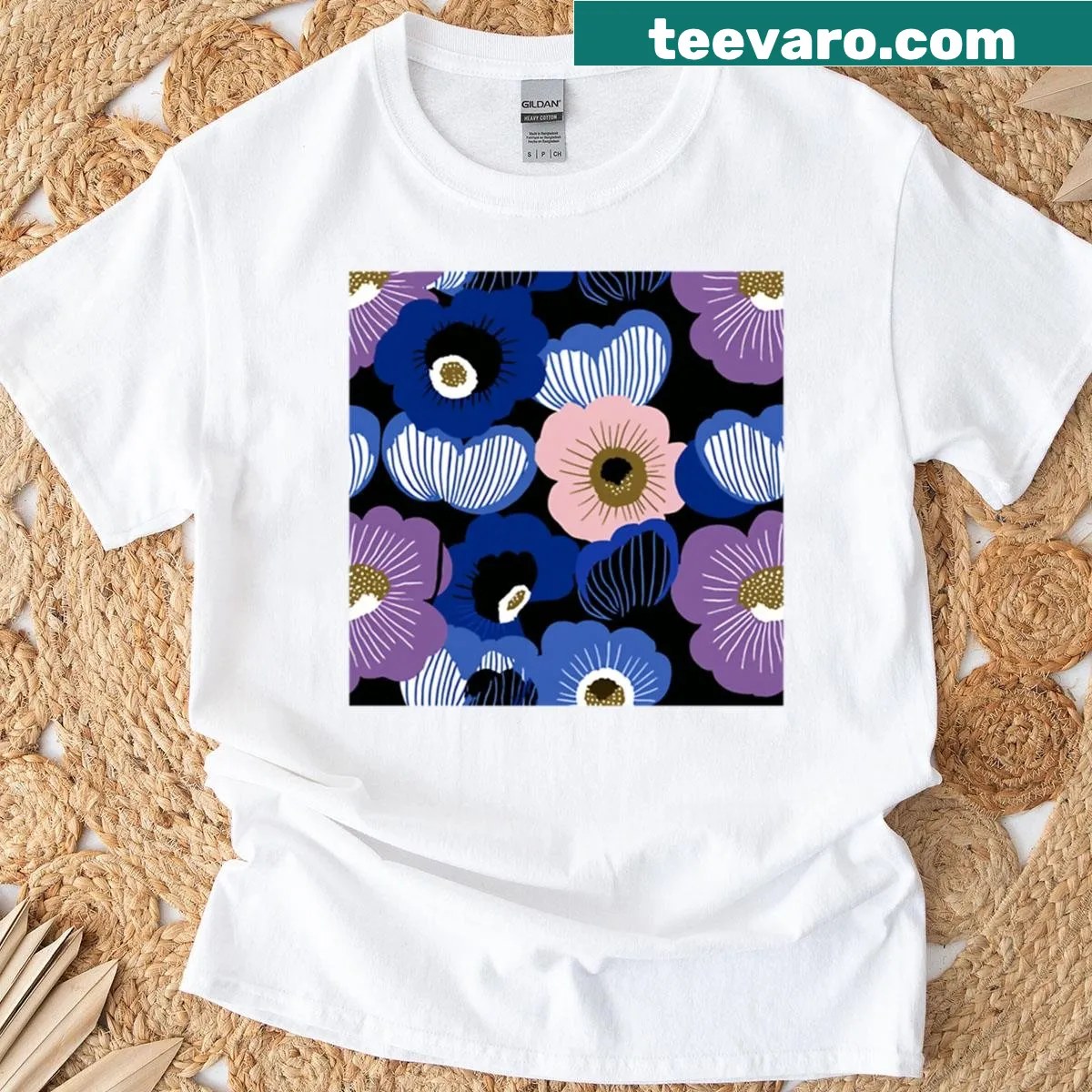 Oversized T-shirt featuring Marimekko floral pattern — on a men's t-shirt